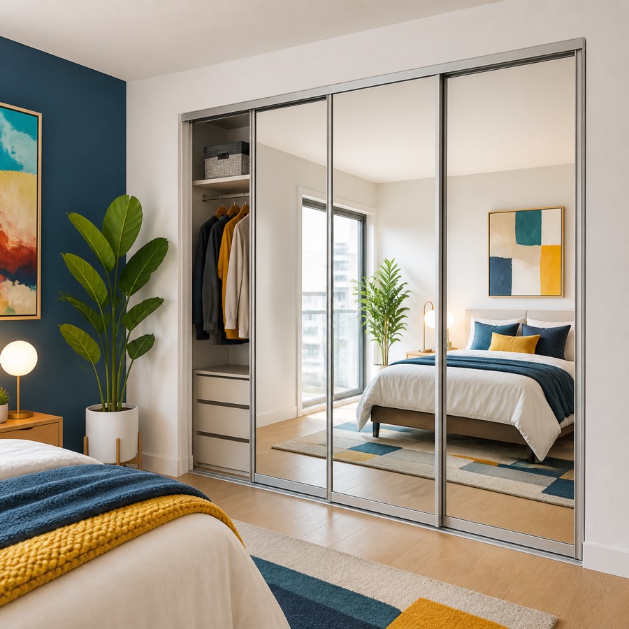 Bright bedroom with full-height mirror sliding closet doors.