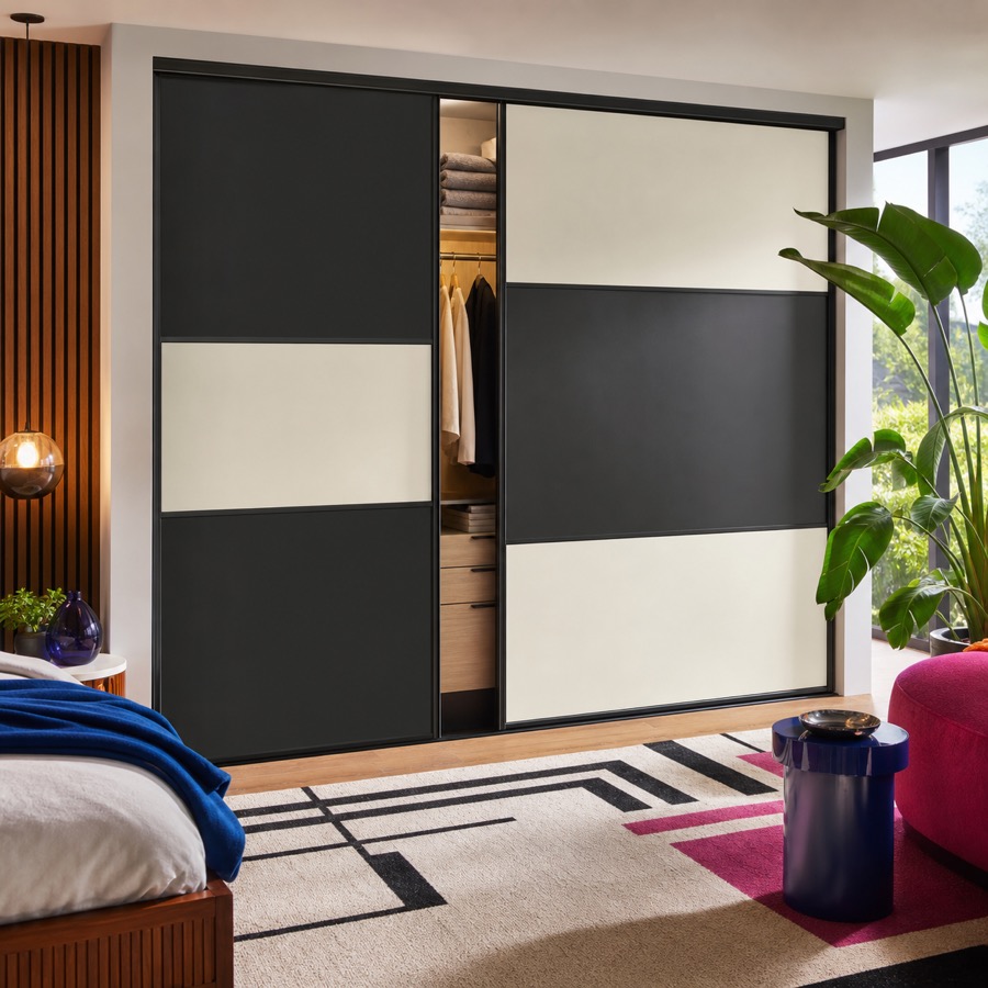 Modern bedroom with bold charcoal and cream Modern Panel sliding doors.