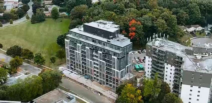 Aerial view of the 37 Johnson Street residential building in Barrie