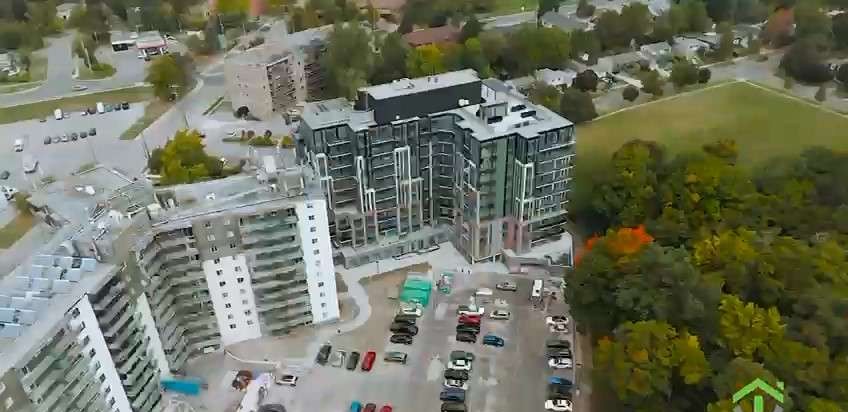Aerial view over the 37 Johnson Street site and surrounding parkland, Barrie