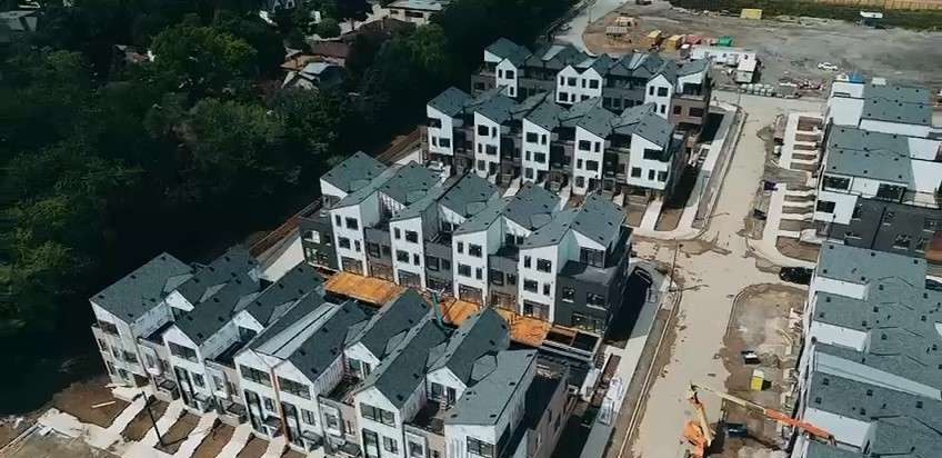 Aerial view of the Brightwater townhomes under construction in Port Credit